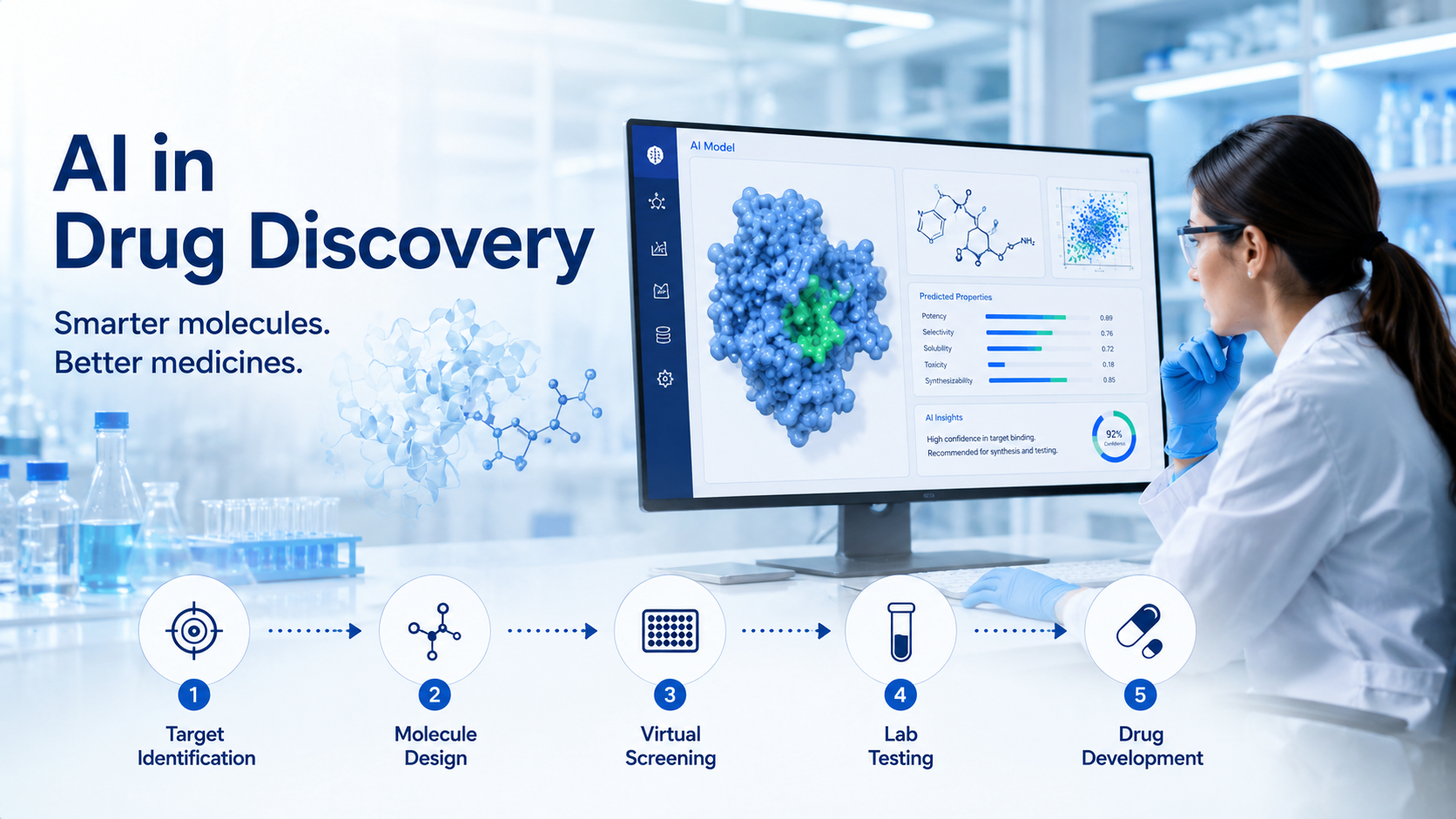 Scientist using artificial intelligence to evaluate protein targets, molecular designs and drug candidates during pharmaceutical research