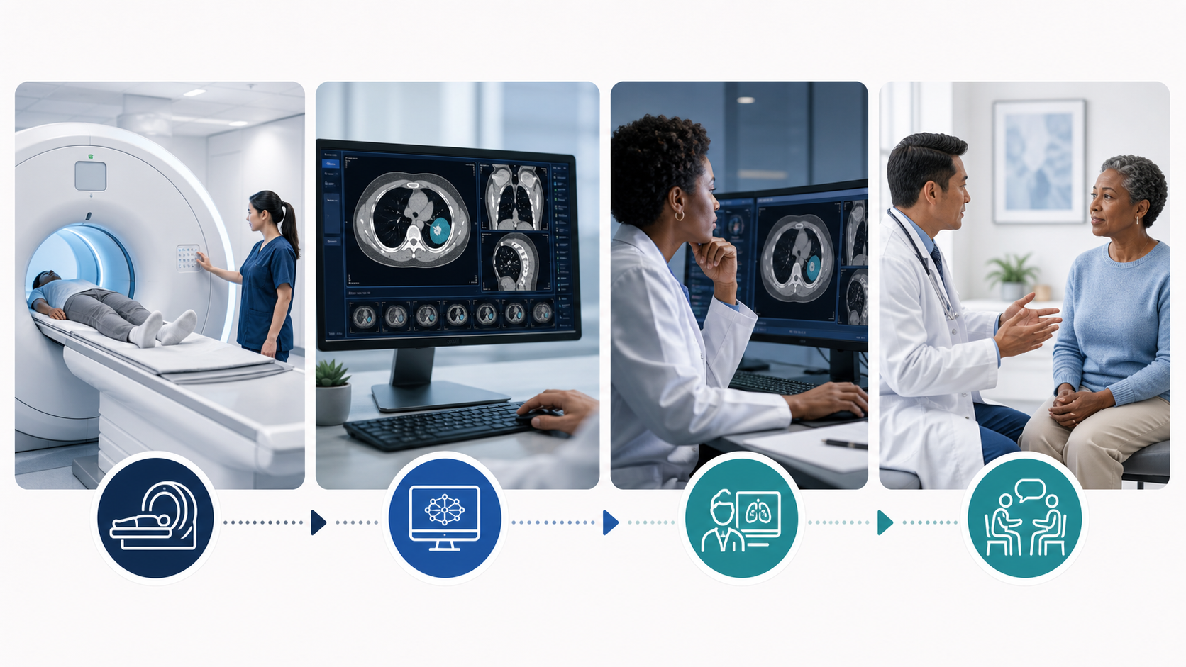 Medical imaging workflow showing scan acquisition, AI analysis, radiologist review and a clinician discussing results with a patient