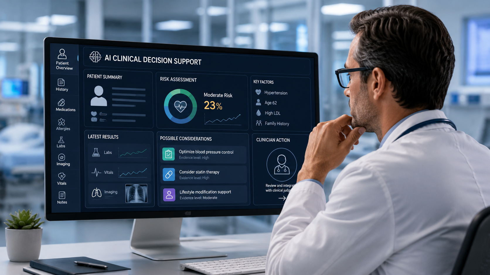 Clinician reviewing AI clinical decision support with patient risk information, laboratory results and treatment considerations