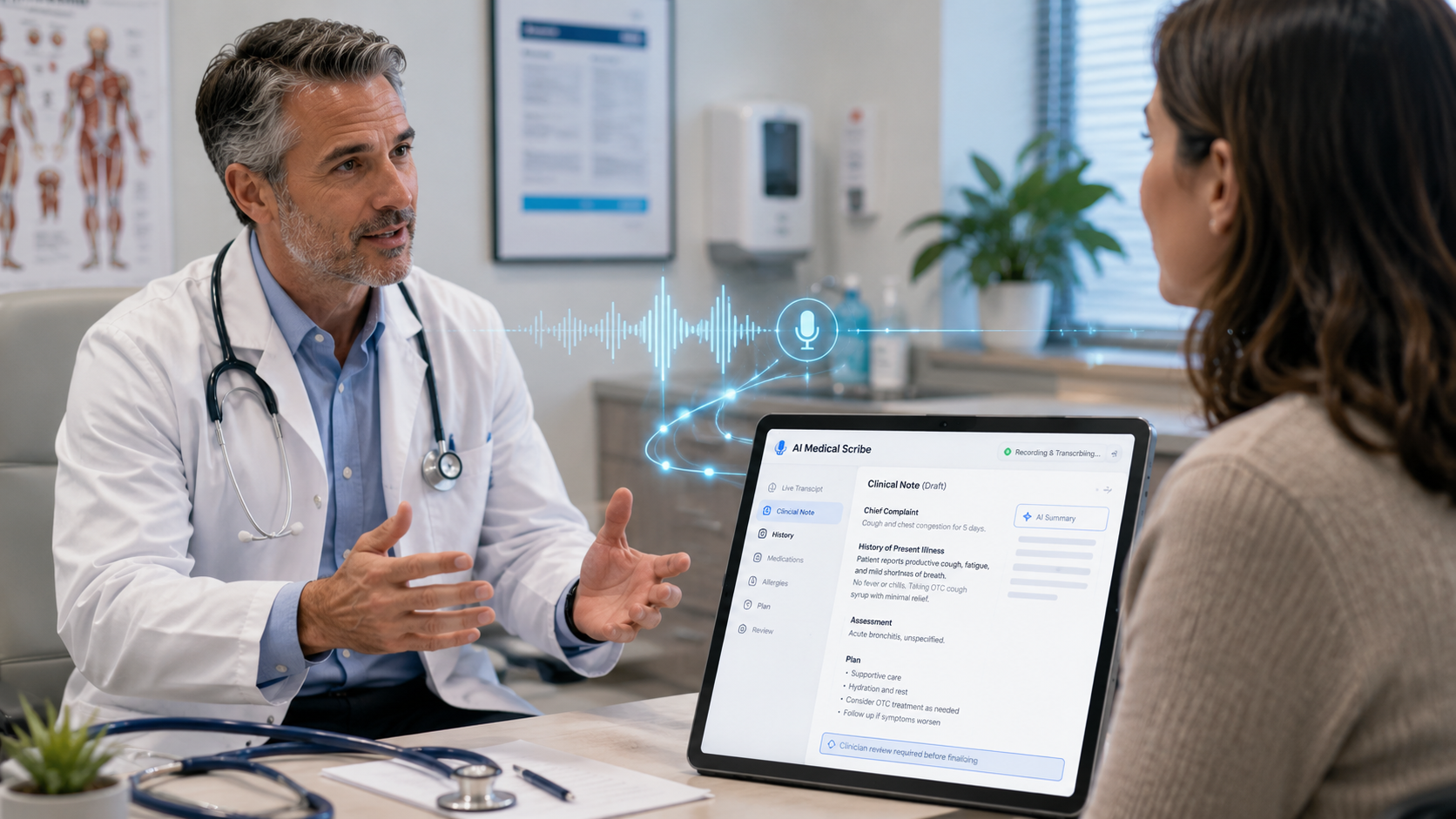 Doctor and patient using an ambient AI medical scribe during a clinical consultation
