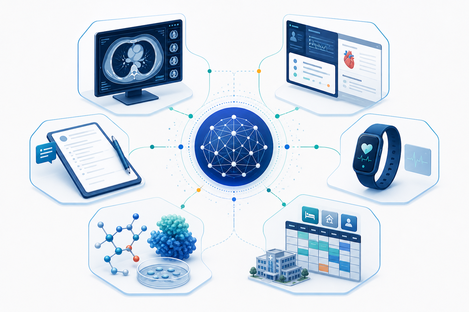 Overview of healthcare AI applications including medical imaging, clinical records, wearable monitoring, drug research and hospital operations