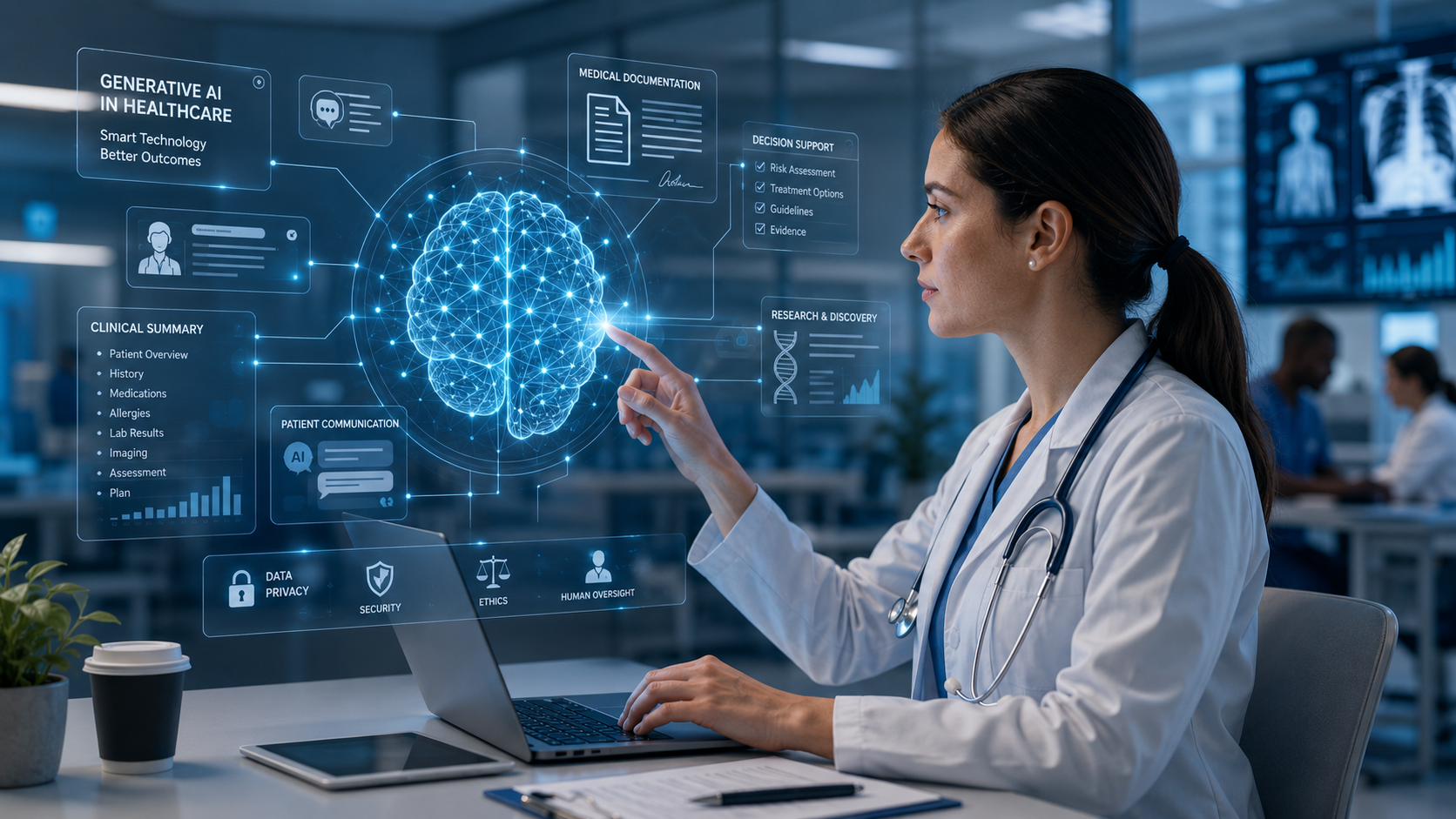 Clinician using generative AI technology in a modern healthcare setting