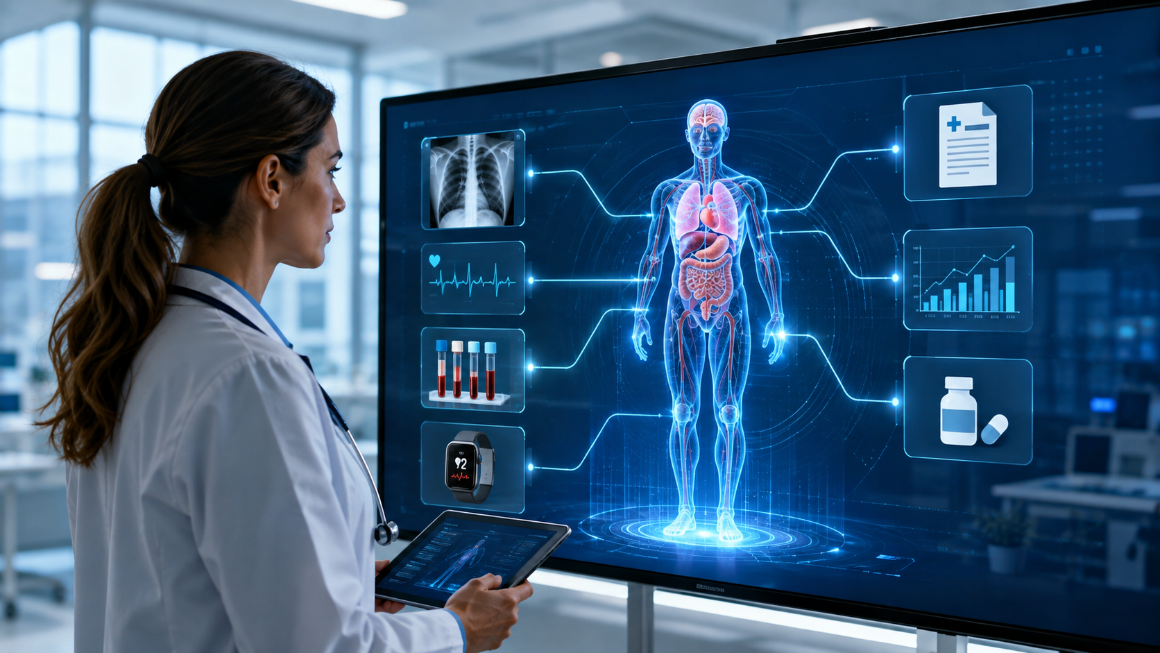 Clinician reviewing a digital twin model created from medical imaging, laboratory results, wearable data and patient records